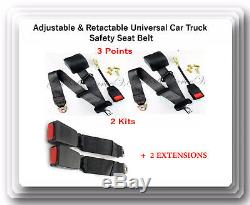 2 Kits Universal Strap Adjustable Seat Belt Black 3 Point +2 EXTENSIONS