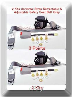 2 Kits Universal Strap Retractable & Adjustable Safety Seat Belt Grey 3 Point